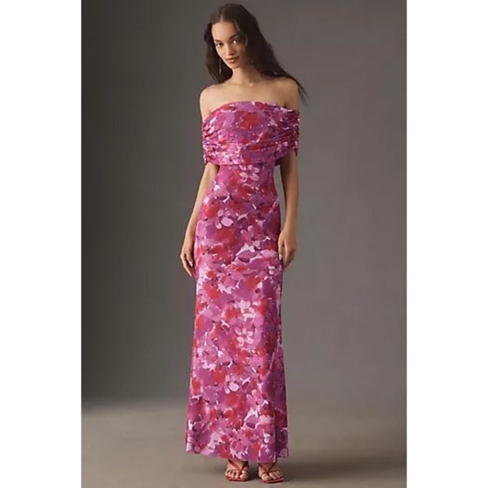 NWT Anthropologie AFRM Pink Floral Mesh Off-The-Shoulder Maxi Dress Wedding Sz M